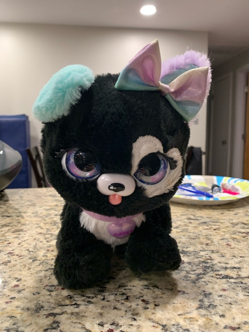 Black Plush Puppy with Pastel Bow and Teal Ear